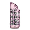 Pink beaded stroker. Translucent with vulva shaped opening, ribbed tunnel and rows of beads along and around the shaft for added stimulation. Open on both ends. Additional images show alternate angles.