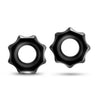 Set of 2 black super stretchy cock rings shaped like nut fasteners. Flat shape to prevent ring from rolling during wear. Additional images show alternate angles.