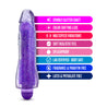A semi realistic translucent purple sparkly vibrator with color shifting LED lights that glow in different colors when the vibrator is in use. Twist dial on bottom to adjust intensity. Additional images show alternate angles.