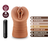 Mocha skin tone stroker with a vulva shaped opening. Features gentle grooves on the outside for a secure grip. Ribbed internal canal for added stimulation. Includes a removable cordless vibrating bullet. Additional images show alternate angles.