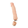 Vanilla skin tone ultra realistic vibrating dildo. Pronounced curved head and veins along the shaft. Twist dial on bottom to adjust intensity. Additional images show alternate angles.