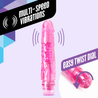 Translucent pink vibrating dildo. Defined head, straight shaft with pronounced veins. Twist dial at bottom to adjust intensity. Additional images show alternate angles.