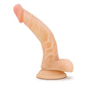 Vanilla skin tone ultra realistic dildo with a very pronounced realistic, many veins along the shaft, which has a very angled upward curve. Realistic balls. Suction cup base. Additional images show alternate angles.