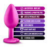 Set of three pink silicone butt plugs in progressive sizes, perfect for anal training. Each plug features a tapered tip, bulbous body, thin neck, and heart shaped base with a white gem for safety and decoration. Additional images show alternate angles.