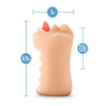 Vanilla skin tone ultra realistic mouth shaped stroker. Features nose, lips, tongue and teeth. Open ended for easy cleaning. Ribbed internal canal. Cylinder shaped body has finger grooves on the underside for a secure grip. Additional images show alternate angles.