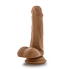 Mocha skin tone realistic dildo. With a rounded head, subtle veins along the straight but flexible shaft, and realistic balls. Suction cup base. Additional images show alternate angles.