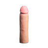 Vanilla skin tone hollow penis extender with a firm 1.75 inch tip to add length. Bulbous head is slightly tinted in a blush color for a lifelike look. Soft and smooth body. Additional images show alternate angles.
