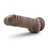 Chocolate skin tone ultra realistic dildo. Many veins along the straight but flexible shaft. Realistic balls. Suction cup base. Additional images show alternate angles.