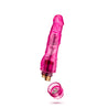 Glow in the dark pink realistic vibrating dildo. Defined head with subtle skin folds under head and veins along straight shaft. Nubs at the base for additional sensation. Twist dial at bottom to adjust intensity. Additional images show alternate angles.