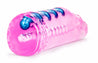 Pink beaded stroker. Translucent with vulva shaped opening, ribbed tunnel and 5 blue beads for added stimulation. Open on both ends. Additional images show alternate angles.
