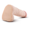 Vanilla skin tone ultra realistic dildo with a large bulbous head and a veins along the straight but flexible shaft. Round, realistic balls. Smooth flat base. Additional images show alternate angles.