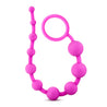 Set of ten pink anal beads that start off very small and become progressively larger. Beads are connected to each other by flexible silicone. These beads have a ring at the base for safety and easy removal. Additional images show alternate angles.
