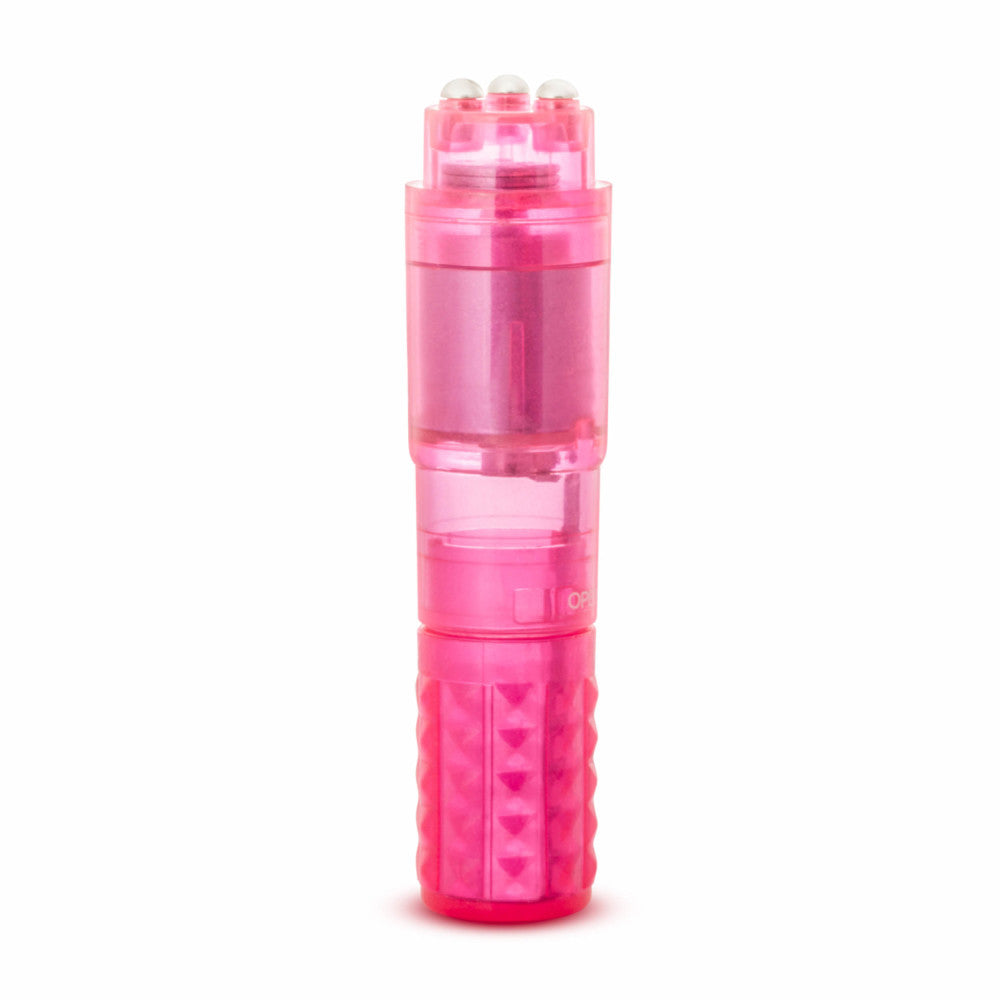 Translucent pink mini massager, cylinder shape with three rounded beads on top for focused vibration. Subtle diamond cut on bottom. Twist to open, turn on and turn off. Additional images show alternate angles.