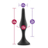 Small black smooth silicone anal plug. Featuring a gently tapered tip, slight bulbous shape in the slim body, a narrower neck, and a circular flared base for safety.  Additional images show alternate angles.