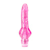 Translucent pink vibrating dildo. Semi realistic with a subtle head and smooth shaft that curves slightly at the tip. Base flares out and is round. Twist dial to control intensity. Additional images show alternate angles.
