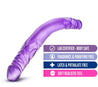 Translucent purple long, straight, double dildo with a realistic head on either end and subtle veins throughout the entire length.  Additional images show alternate angles.