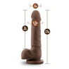 Chocolate skin tone realistic dildo. Featuring a large bulbous head, veins that branch out horizontally along the straight but flexible shaft, realistic balls, and a suction cup base. Additional images show alternate angles.