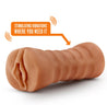Mocha skin tone stroker with a vulva shaped opening. Features gentle grooves on the outside for a secure grip. Ribbed internal canal for added stimulation. Includes a removable cordless vibrating bullet. Additional images show alternate angles.