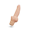 Vanilla skin tone vibrating dildo with ultra realistic shape. Thin shaft and thick bottom and a subtly defined tapered head and veins along the shaft. Thick bottom serves as flared base, making this toy safe for anal use. Twist dial on bottom to adjust intensity. Additional images show alternate angles.