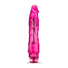 Translucent pink vibrator has a realistic shape, with a defined but tapered head and veins along the shaft. Twist dial on bottom to adjust intensity. Additional images show alternate angles.