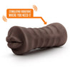 Chocolate skin tone stroker with a mouth shaped opening. Features gentle grooves on the outside for a secure grip. Ribbed internal canal for added stimulation. Additional images show alternate angles.