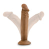 Mocha skin tone realistic dildo with a pronounced rounded head, skin folds beneath the head, subtle veins along the straight but flexible shaft, and a suction cup base. Additional images show alternate angles.