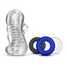 A 4 piece kit including a clear non-representational stroker with a ring on the outside for added grip and a ribbed and studded internal canal. Also includes 3 stretchy donut cock rings, one each in blue, black, and clear. Additional images show alternate angles.