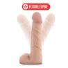 Vanilla skin tone ultra realistic dildo with a large bulbous head and a veins along the straight but flexible shaft. Round, realistic balls. Smooth flat base. Additional images show alternate angles.