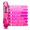 Translucent pink vibrating dildo, realistic shape with a defined head, subtle ridges below the head, and veins along the shaft. Silver bullet motor just below the head. Twist dial on bottom to adjust intensity. Additional images show alternate angles.