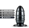 Extra large black butt plug with metallic sheen. Curved tip with bulbous body that features three soft but pronounce rings. Rounded base for safety. Base features an opening that makes it compatible with any Lock On accessory. Additional images show alternate angles.