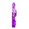 Thrusting and multi-directional rotating shaft with rotating beads and semi-phallic head and butterfly clit stimulator. Independent push button controls. Additional images show alternate angles.