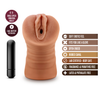 Mocha skin tone stroker with a vulva shaped opening. Features gentle grooves on the outside for a secure grip. Ribbed internal canal for added stimulation.  Additional images show alternate angles.