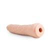 Vanilla skin tone dildo featuring a tapered head for easy insertion and many veins along a slightly upwardly curved shaft. This dildo does not have a flared base. An opening at the bottom of the dildo makes it compatible with Lock On handles, harnesses, and other Lock On adapters. Additional images show alternate angles.