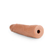 Mocha skin tone dildo featuring a rounded head and many veins along a slightly upwardly curved shaft. This dildo does not have a flared base. An opening at the bottom of the dildo makes it compatible with Lock On handles, harnesses, and other Lock On adapters. Additional images show alternate angles.
