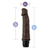 Chocolate skin tone vibrating dildo with curved head with veins along the slightly curved shaft. Twist dial on bottom to adjust intensity. Additional images show alternate angles.