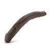 Chocolate skin tone long, straight double dildo with a realistic head on either end and veins throughout the entire length.  Additional images show alternate angles.