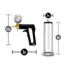 Clear cylinder with inch markings and safety release valve connects to plastic and brass trigger by black silicone hose. Pressure gauge on top of pistol indicates intensity of pressure. Additional images show alternate angles.