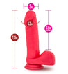 Cerise color realistic dildo. Featuring a rounded head with a pronounced lip, subtle veins along the straight shaft, and realistic balls. Suction cup base. Additional images show alternate angles.
