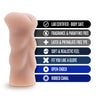 Vanilla skin tone, open-ended stroker, palm-sized, featuring small butt cheeks and an anal opening. Ribbed internal canal. Cylinder shaped body features finger grooves for secure grip. Additional images show alternate angles.