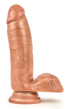 Mocha skin tone ultra realistic dildo. Featuring a defined head, subtle veins along the straight but flexible shaft, and realistic balls. Suction cup base. Additional images show alternate angles.