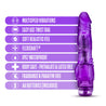 Translucent purple vibrating dildo. Tapered head and slim shaft with defined skin folds and veins. Raised studs at base. Twist dial on bottom to adjust intensity. Additional images show alternate angles.