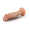 Vanilla skin tone realistic dildo with a pronounced rounded head, skin folds beneath the head, subtle veins along the straight but flexible shaft, and a suction cup base. Additional images show alternate angles.
