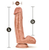 Mocha skin tone ultra realistic dildo. Featuring a defined rounded head with a  pronounced lip, subtle veins along the straight but flexible shaft, and realistic balls. Suction cup base. Additional images show alternate angles.