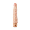 Vanilla skin tone vibrating dildo. Slim tapered head with veins along the shaft and wavy ribs at base. Twist dial on bottom to adjust intensity. Additional images show alternate angles.