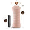 Vanilla skin tone stroker with a mouth shaped opening. Features gentle grooves on the outside for a secure grip. Ribbed internal canal for added stimulation. Includes a removable cordless vibrating bullet. Additional images show alternate angles.