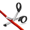 Angled silver metal scissors with blunt tips with a black plastic cap on the longer leg of the scissors and black plastic handles. Additional images show alternate angles.