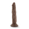 Chocolate skin tone realistic dildo with a tapered head for easy insertion. Features skin folds and veins along the straight but flexible shaft. Suction cup base. Additional images show alternate angles.