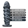 An extra large black anal plug with a carbon metallic sheen. This longer plug features five soft and pronounced rings along the body. Circular flared base for safety. Additional images show alternate angles.