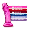 Translucent pink petite realistic dildo with rounded head that has a pronounced lip, an upwardly curved shaft with subtle veins, and a suction cup base. Additional images show alternate angles.