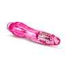 Translucent pink vibrating dildo has a realistic shape with a defined head and veins along the shaft. Silver bullet motor just below the head. Twist dial on bottom to adjust intensity. Additional images show alternate angles.